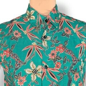 Vintage Batik Bali Green Shirt Button Front Floral Short Sleeve Boho Unisex Top